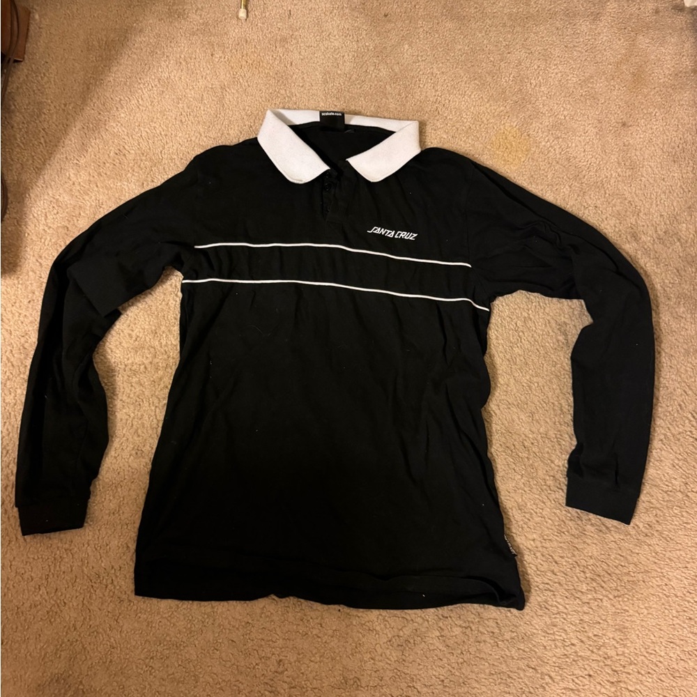 Black long sleeve Santa Cruz shirt with collar.